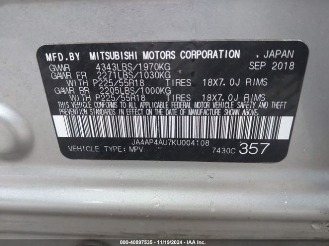 JA4AP4AU7KU004108 Mitsubishi Outlander Sport 2.0 Se