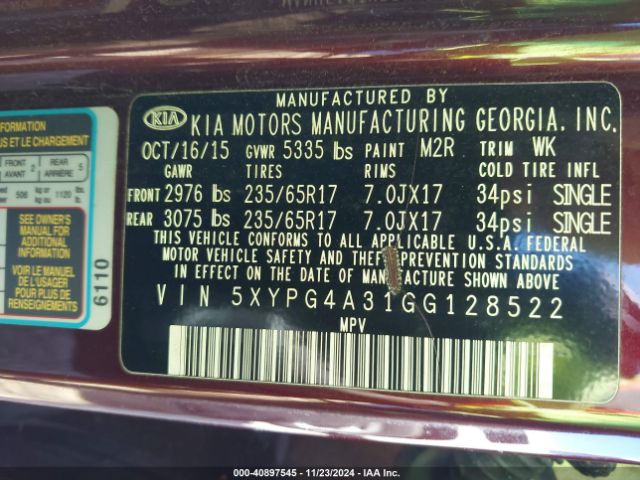 5XYPG4A31GG128522 KIA Sorento 2.4l Lx