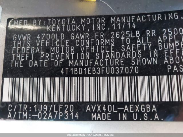 4T1BD1EB3FU037070 Toyota Avalon Hybrid Xle Premium