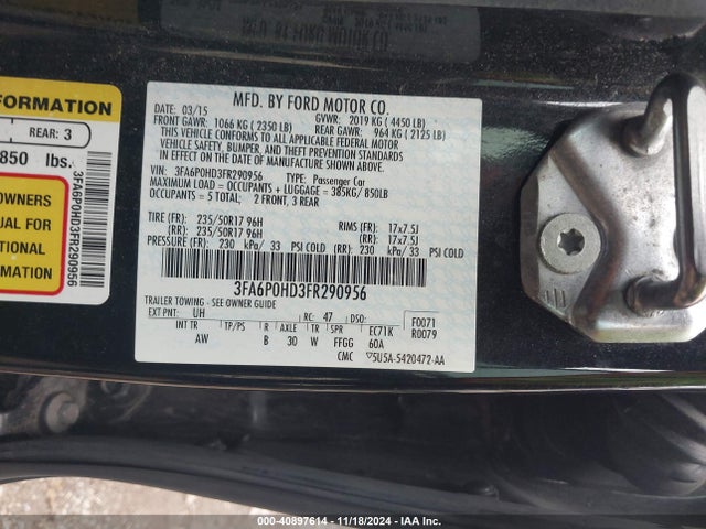 Ford FUSION SE 2015 3FA6P0HD3FR290956 Image 9
