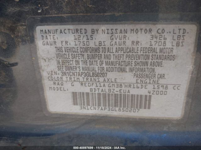3N1CN7AP3GL850207 Nissan Versa 1.6 S/1.6 S+/1.6 Sl/1.6 Sv