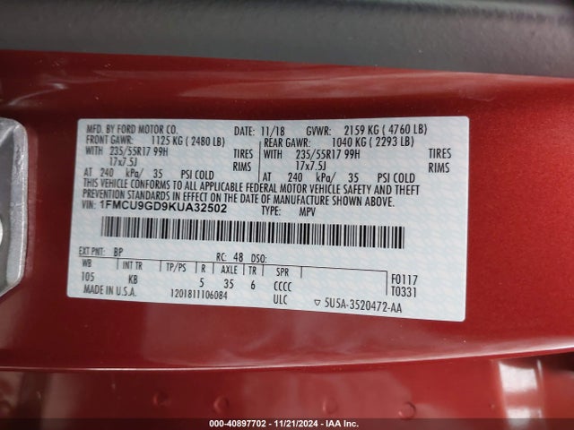 Ford ESCAPE SE 2019 1FMCU9GD9KUA32502 Image 9