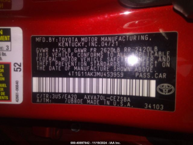 4T1G11AK3MU453959 Toyota CAMRY SE