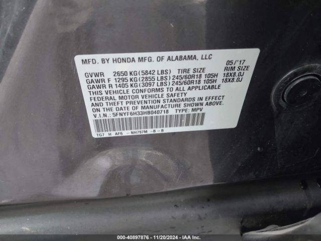 5FNYF6H33HB040718 Honda Pilot Ex