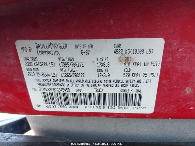 Auction sale of the 2007 Dodge Ram 3500 Laramie, vin: 3D7MX38A87G849459, lot number: 40897953