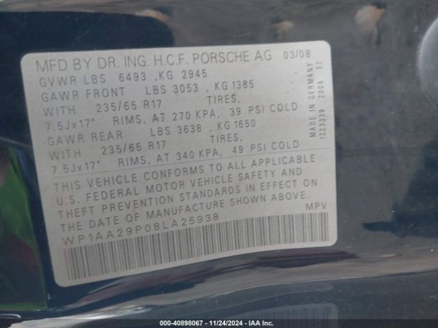 2008 PORSCHE CAYENNE WP1AA29P08LA25938 Photo 8