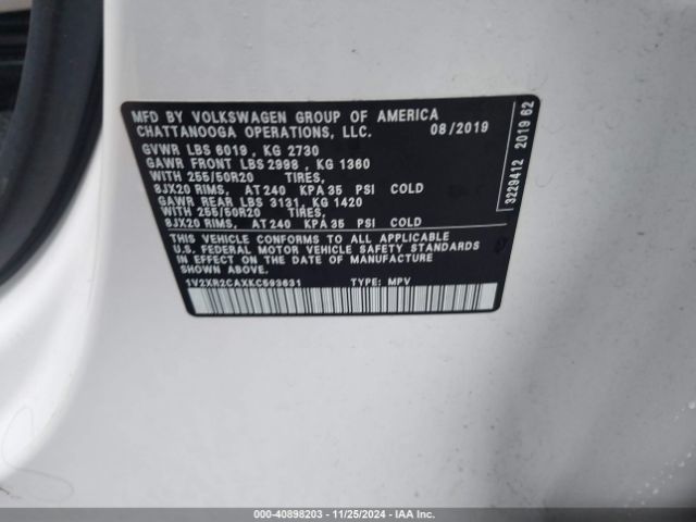 1V2XR2CAXKC593631 Volkswagen Atlas 3.6l V6 Se W/technology R-line