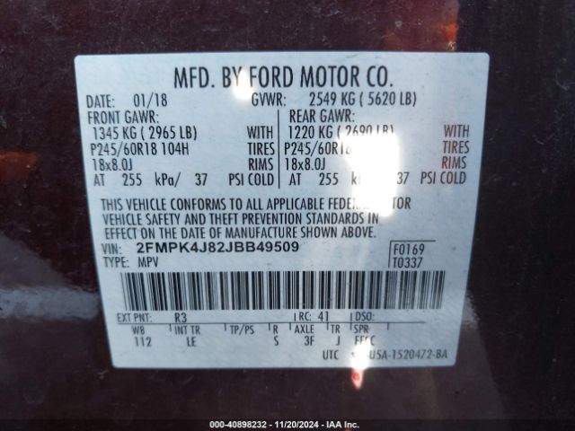 2FMPK4J82JBB49509 Ford EDGE SEL