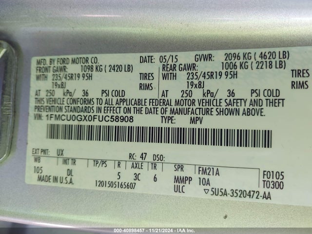 Ford ESCAPE SE 2015 1FMCU0GX0FUC58908 Image 9