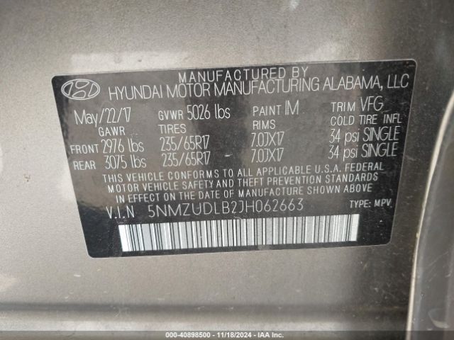 5NMZUDLB2JH062663 Hyundai Santa Fe Sport 2.4l