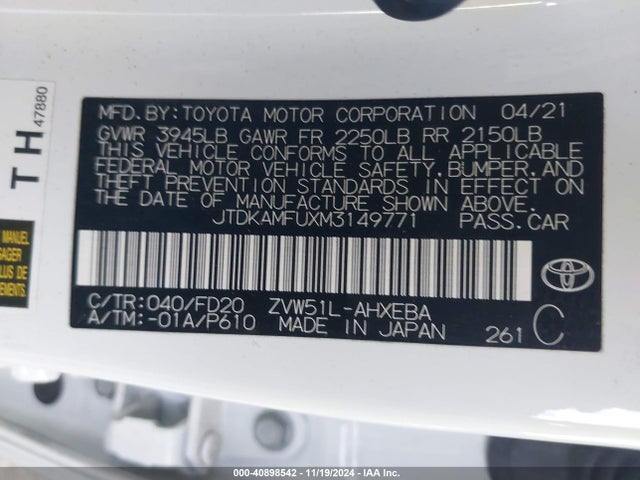Toyota Prius Le 2021 JTDKAMFUXM3149771 Image 9