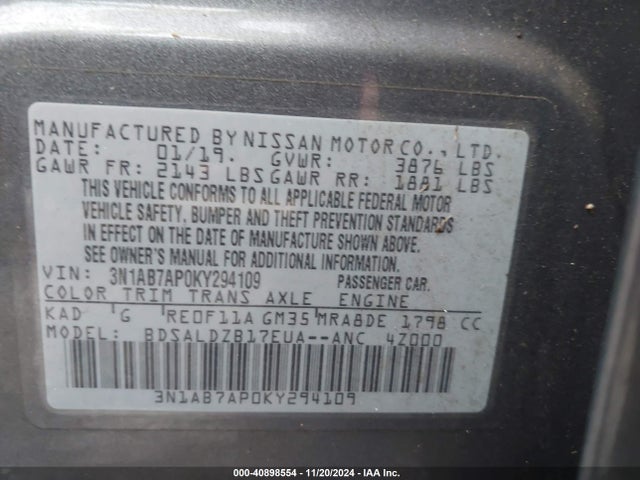 Nissan SENTRA SV 2019 3N1AB7AP0KY294109 Image 9