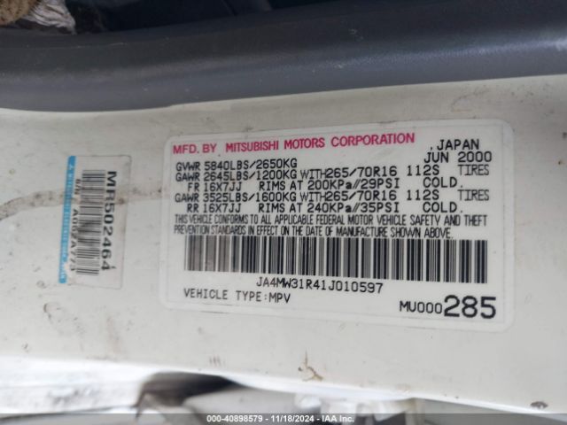 2001 MITSUBISHI MONTERO JA4MW31R41J010597 Photo 8
