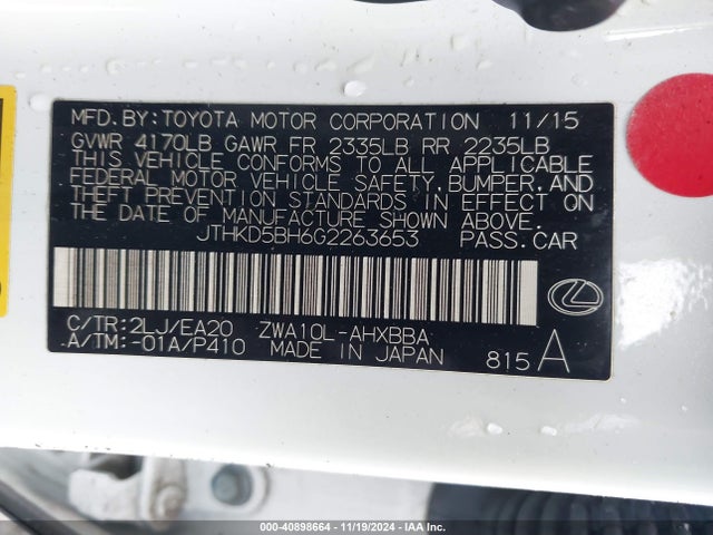 JTHKD5BH6G2263653 Lexus CT 200H