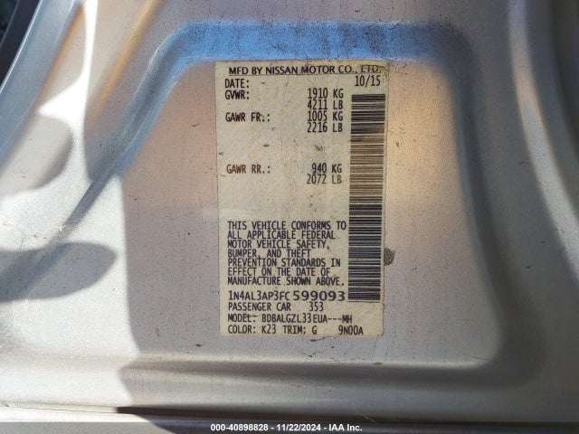 Nissan Altima 2.5 S 2015 1N4AL3AP3FC599093 Image 9