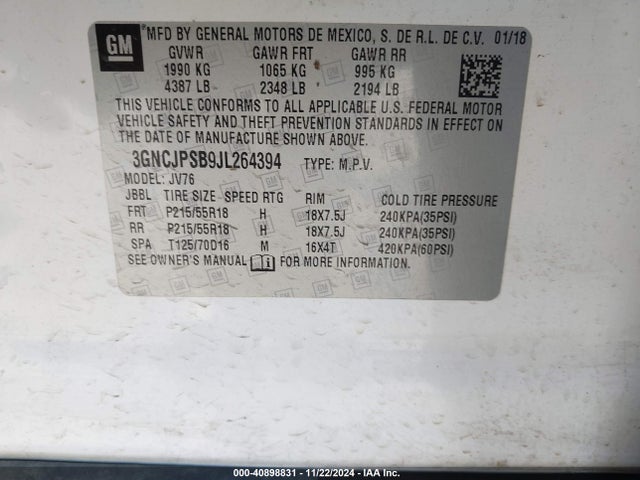 3GNCJPSB9JL264394 Chevrolet Trax Lt