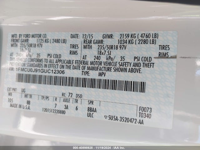 Ford Escape Titanium 2016 1FMCU0J91GUC12306 Image 9