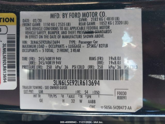 3LN6L5E92LR613694 Lincoln Mkz Reserve