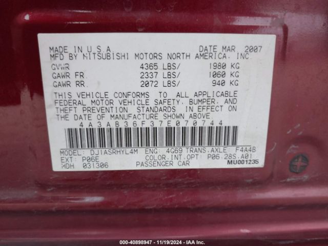 2007 MITSUBISHI GALANT 4A3AB36F37E070744 Photo 8