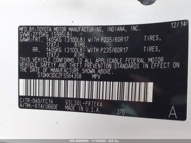 5TDKK3DC2FS564358 Toyota Sienna Le 8 Passenger