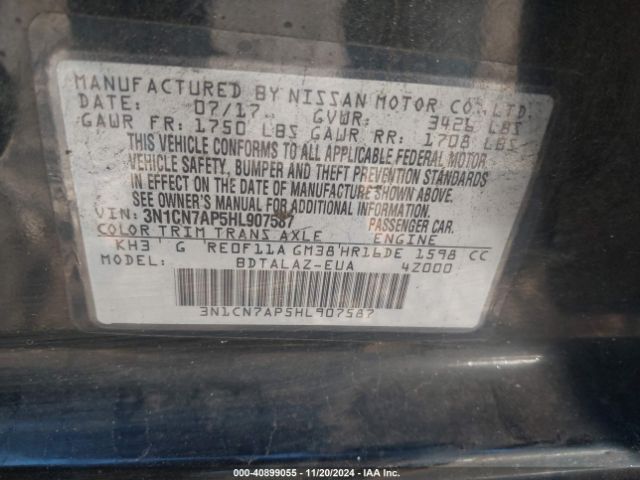 3N1CN7AP5HL907587 Nissan Versa 1.6 S+