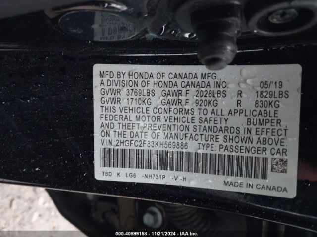2HGFC2F83KH569886 Honda Civic Sport