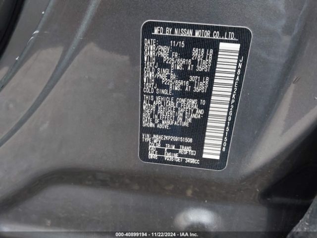 JN8AE2KP2G9151508 Nissan Quest Platinum/s/sl/sv