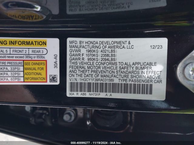 1HGCY1F39RA031589 Honda ACCORD EX