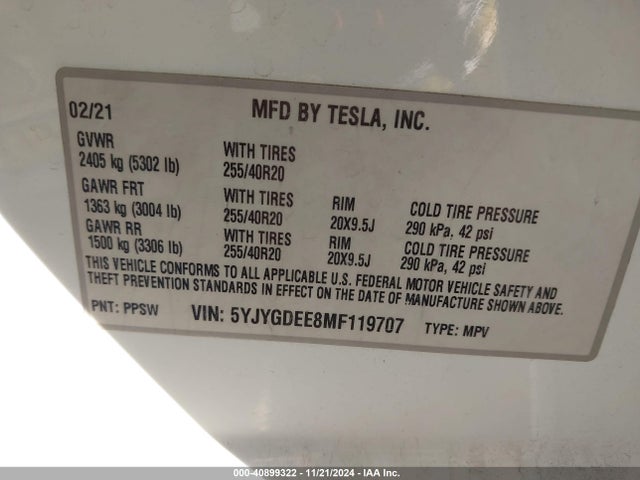 2021 TESLA MODEL Y 5YJYGDEE8MF119707 Photo 8