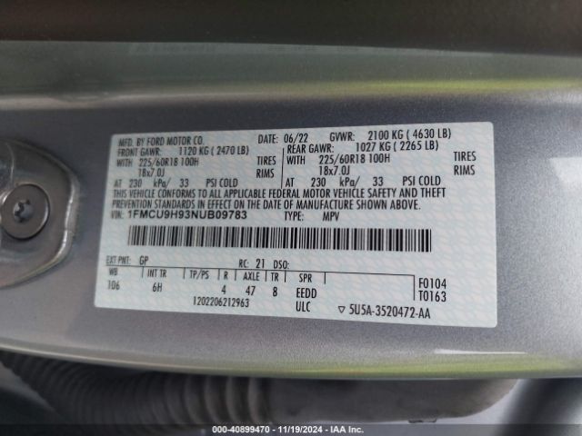 1FMCU9H93NUB09783 Ford ESCAPE SEL