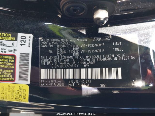 5TDYK3DC3GS697173 Toyota Sienna Xle 8 Passenger
