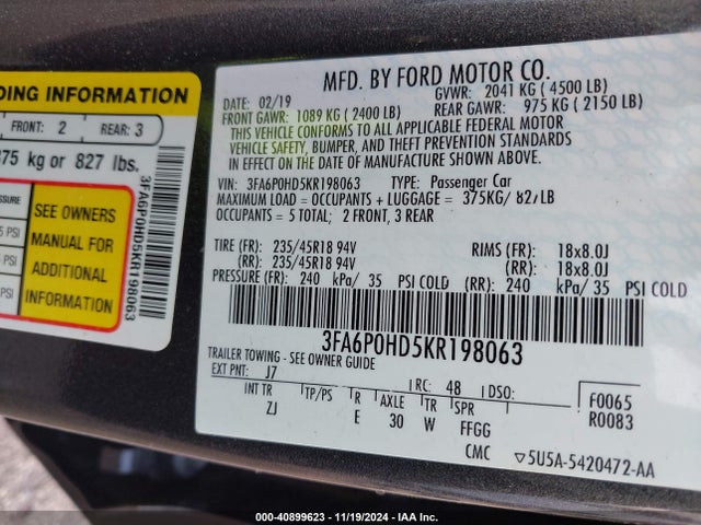 Ford FUSION SE 2019 3FA6P0HD5KR198063 Image 9
