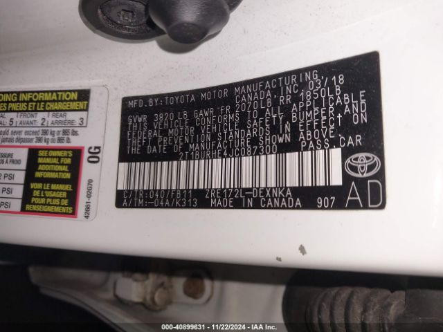 2T1BURHE4JC087300 Toyota COROLLA LE