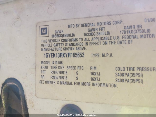 2000 CADILLAC ESCALADE 1GYEK13RXYR165653 Photo 8