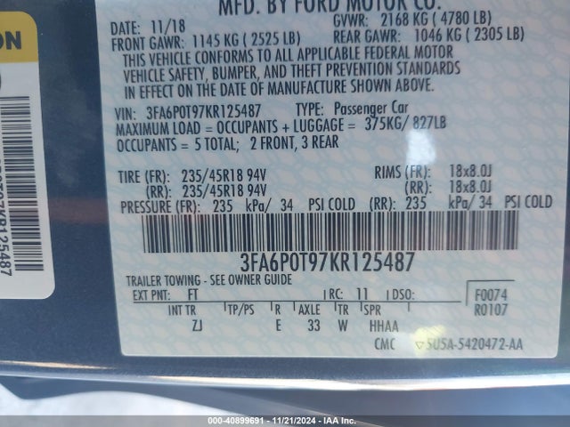 Ford FUSION SE 2019 3FA6P0T97KR125487 Image 9
