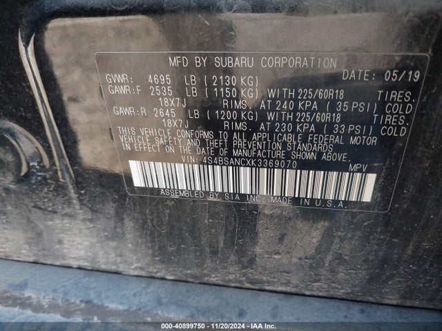 Subaru Outback 2.5i Limited 2019 4S4BSANCXK3369070 Image 9