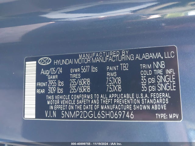 5NMP2DGL6SH069746 Hyundai Santa Fe Sel
