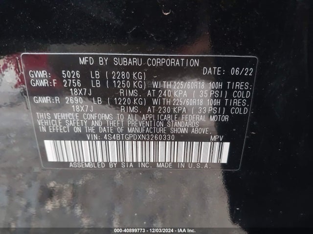 4S4BTGPDXN3260330 Subaru Outback Touring Xt