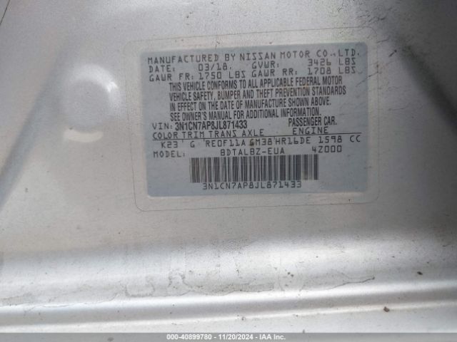 3N1CN7AP8JL871433 Nissan Versa 1.6 Sv