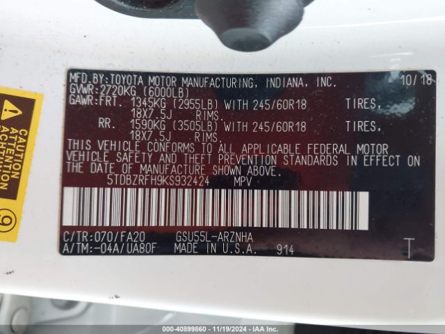 5TDBZRFH9KS932424 Toyota Highlander Le Plus