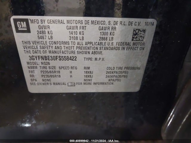 3GYFNBE30FS558422 Cadillac Srx Luxury Collection