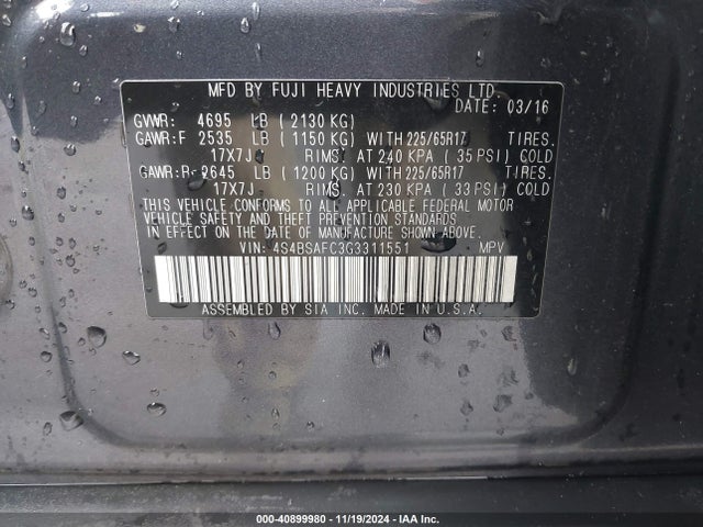 Subaru Outback 2.5i Premium 2016 4S4BSAFC3G3311551 Image 9