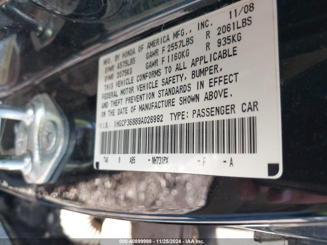 Aukcja sprzedaży 2009 Honda Accord 3.5 Ex-l, vin: 1HGCP36889A026992, numer aukcji: 40899998