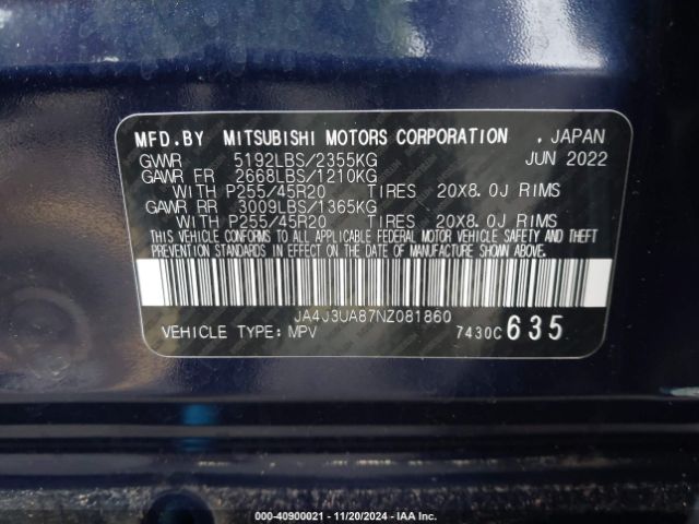 2022 MITSUBISHI OUTLANDER JA4J3UA87NZ081860 Photo 8