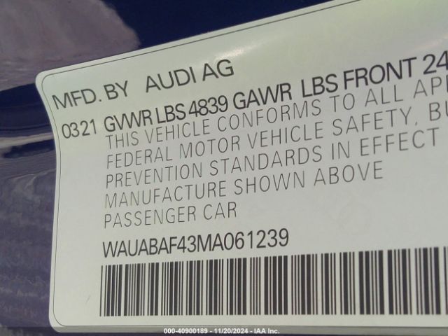 WAUABAF43MA061239 Audi A4 Premium 40 Tfsi Quattro S Tronic