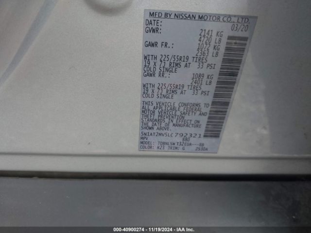 5N1AT2MV5LC792321 Nissan Rogue Sl Intelligent Awd
