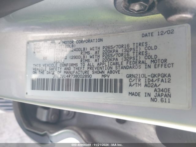 2003 TOYOTA 4RUNNER JTEZU14R738002890 Photo 8