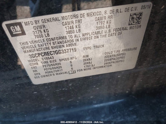 3GCPCREC7GG337719 Chevrolet Silverado 1500 1lt