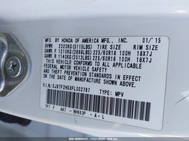 2015 Honda Crosstour Ex-l V6 მანქანა იყიდება აუქციონზე, vin: 5J6TF2H5XFL002797, აუქციონის ნომერი: 40900432