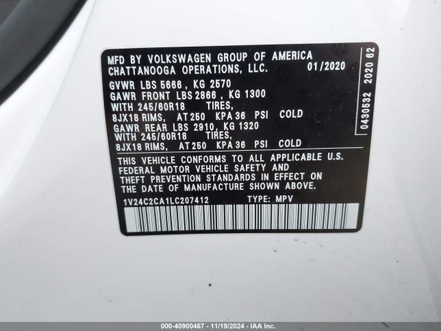 1V24C2CA1LC207412 Volkswagen Atlas Cross Sport 2.0t Se